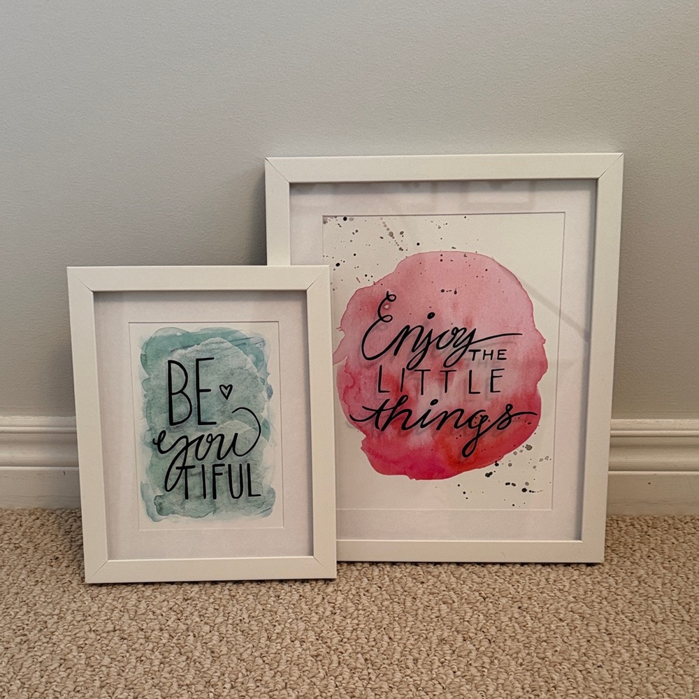 Inspirational Framed Art Set - White Frames with Blue and Pink Accents